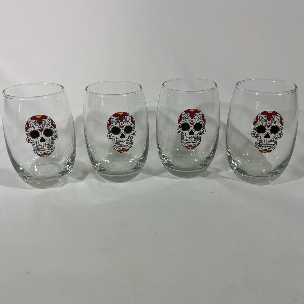 SUGAR SKULL DAY OF THE DEAD HALLOWEEN STEMLESS WINE GLASSES‎ 5” SET OF 4 PREOWN
